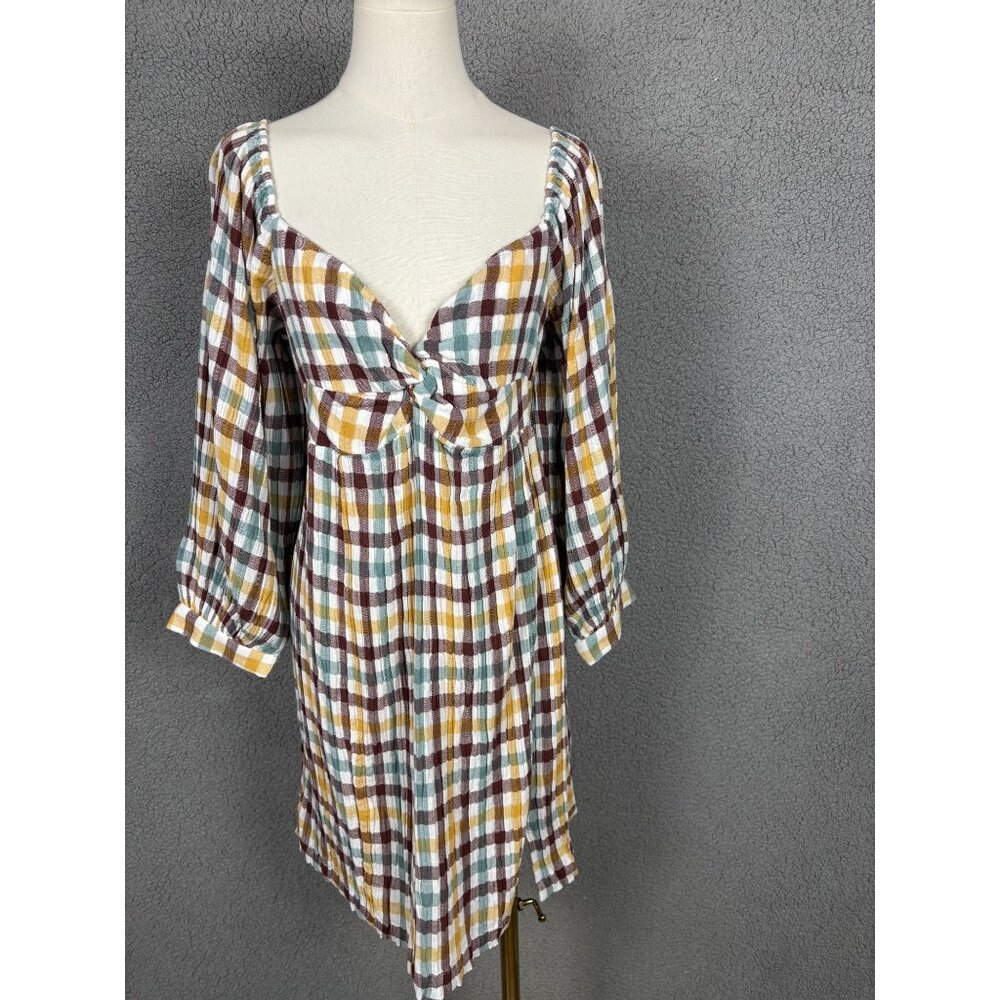Roxy Juniors' Women's V-Neck Peasant Mini Dress Plaid Multicolor Size XL NWTs